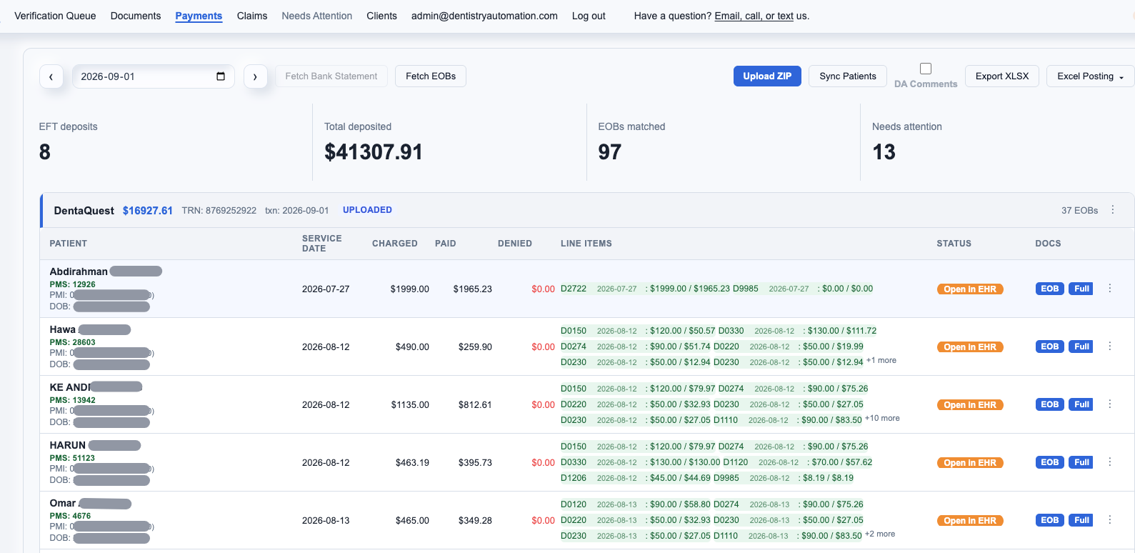 Dentistry Automation production Payments workspace showing EFT deposits, deposited totals, matched EOBs, exception counts, line-item payments, and posting actions with identifying details redacted